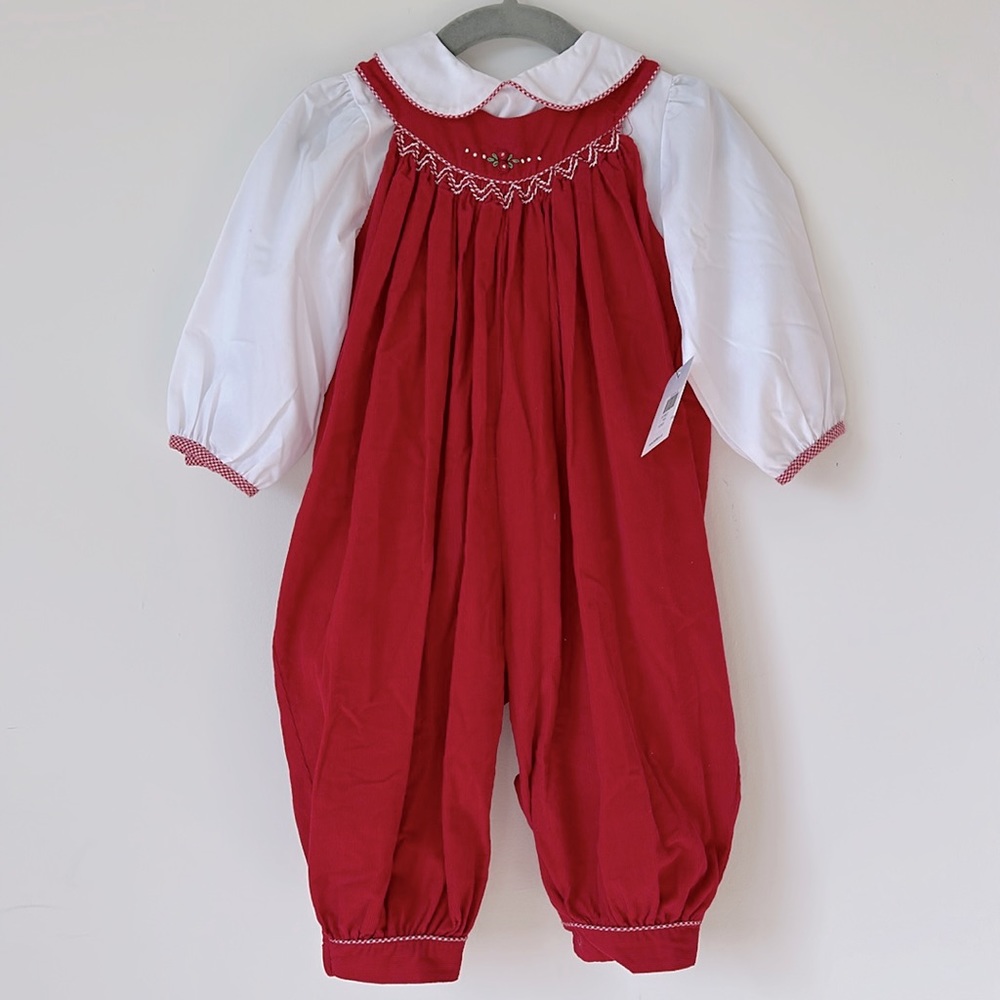Brand New w Tags! PETIT AMI Baby Girl Red Embroidered Longall Set Size 12m